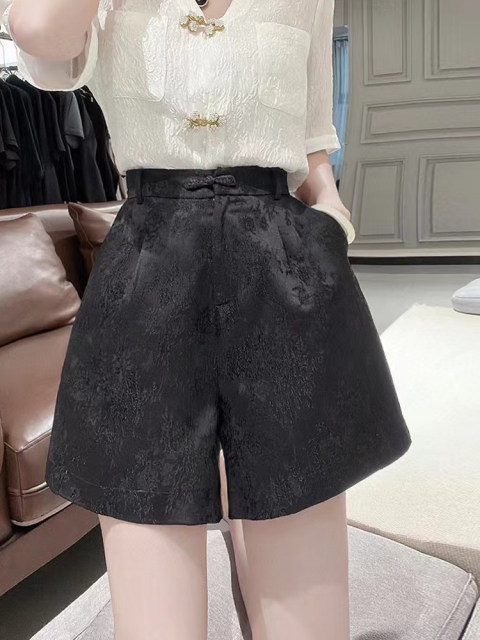 New Chinese style white shorts for women with large size high waist slimming jacquard plate button A-line wide-leg pants for summer thin