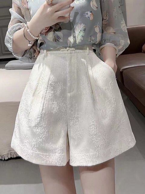 New Chinese style white shorts for women with large size high waist slimming jacquard plate button A-line wide-leg pants for summer thin