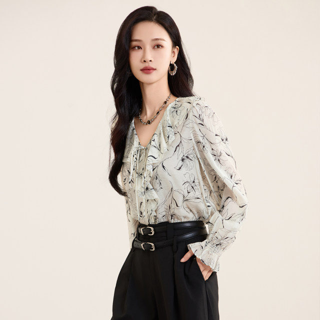Jiarenyuan chiffon shirt for women in spring 2025 new V-neck ruffle ink printing chiffon shirt French retro