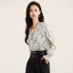 Jiarenyuan chiffon shirt for women in spring 2025 new V-neck ruffle ink printing chiffon shirt French retro
