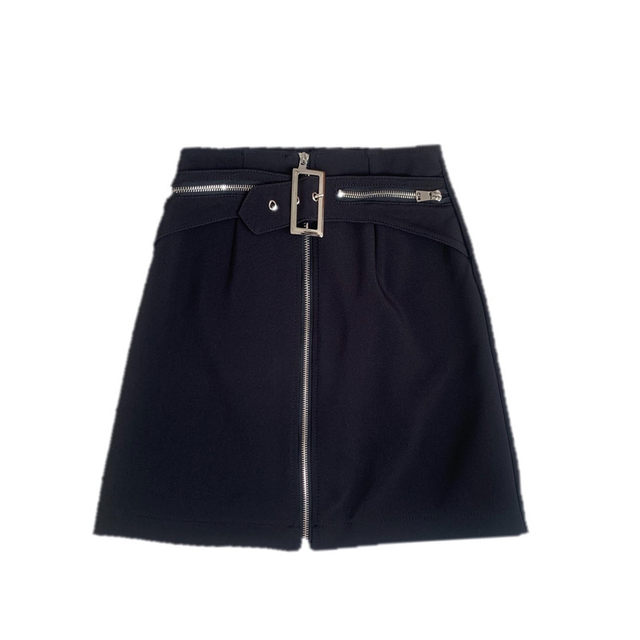 Zippered skirt with large size high waist slim A-line skirt fat mm black suit short skirt American hot girl hip skirt women