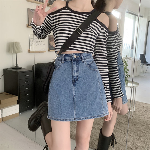 Blue denim short skirt for women 2025 spring and summer retro high waist A-line skirt large size versatile ins slim hip skirt