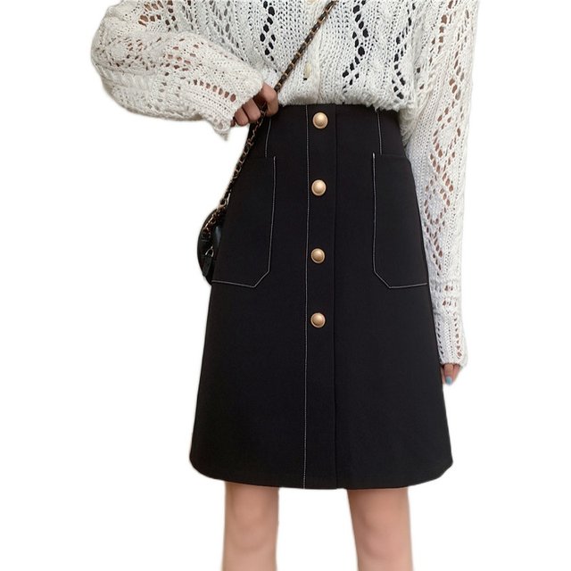 Large size pocket skirt mid-length A-line skirt spring and summer new black high-waisted versatile suit slimming one-step skirt
