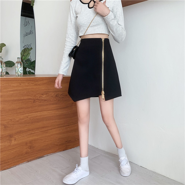 Large size simple zipper skirt fat MM irregular A -line skirt ins ultra -fire skirt personality cover skirt autumn and winter
