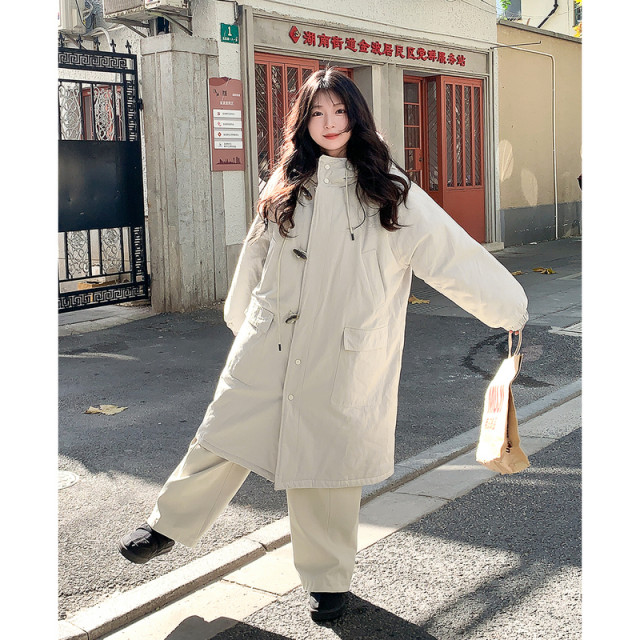 Yiye Japanese retro ox horn button mid-length cotton jacket for women's winter small thickened warm coat windbreaker jacket
