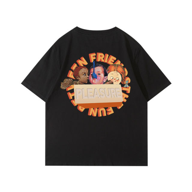 American retro cartoon black short-sleeved T-shirt for women ins trendy back print pure cotton half-sleeved niche round neck t-shirt
