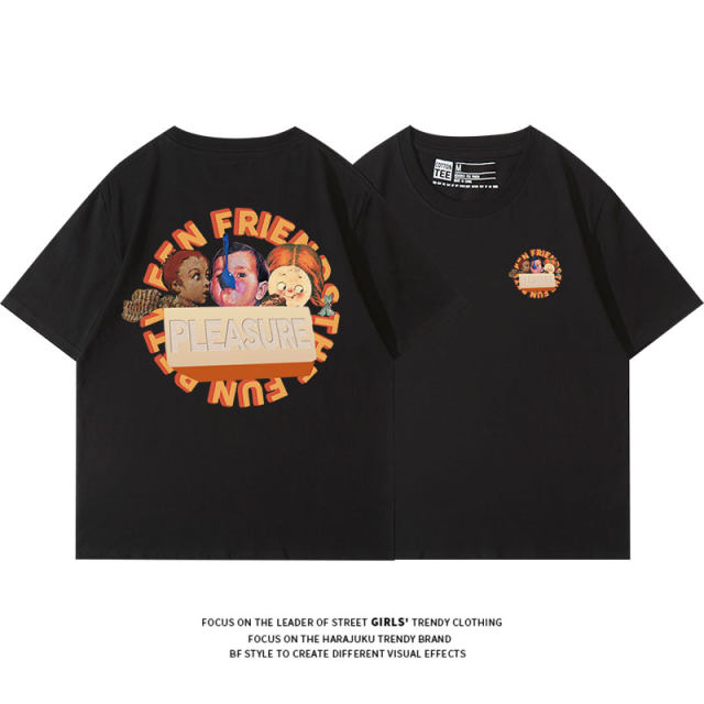 American retro cartoon black short-sleeved T-shirt for women ins trendy back print pure cotton half-sleeved niche round neck t-shirt
