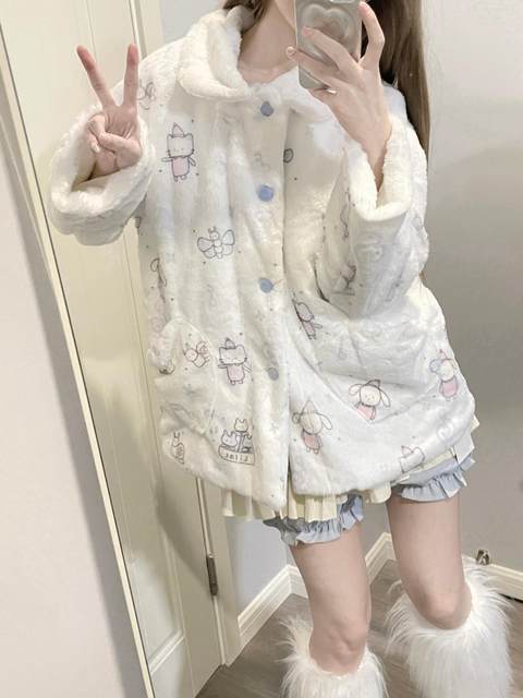 Ruibbit white musical notes imitation rabbit fur coat round neck long sleeve autumn and winter top plush cute subculture girl
