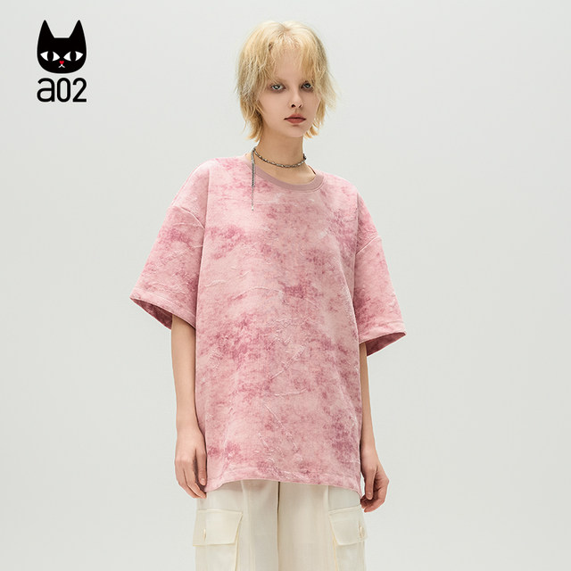 a02 pink tie-dye design short-sleeved T-shirt for women 2025 summer new loose top
