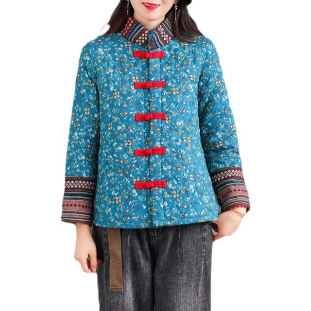 Ethnic style mother's clothing autumn and winter thin cotton-padded coat for women retro temperament cotton and linen short buckle coat small cotton-padded coat
