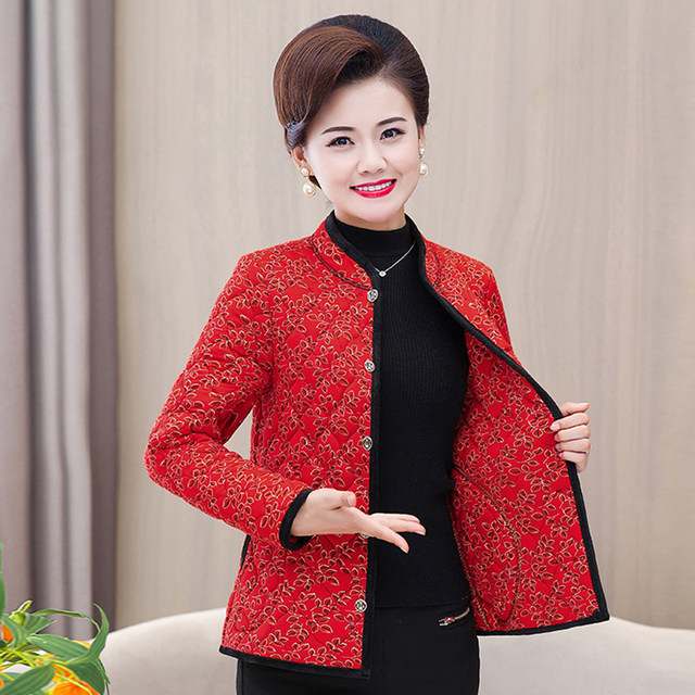 Middle -aged and elderly mother pretend to be autumn and winter ladies loose long -sleeved foreign cotton coat fashion standing collar cotton coat jacket