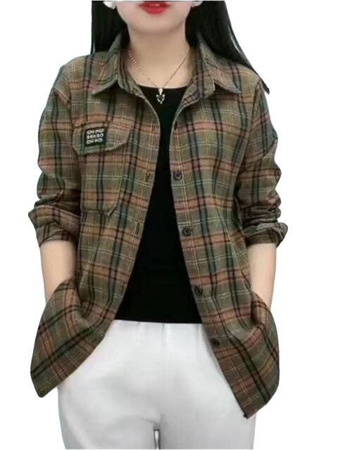 Foreign trade big name leaks large size pure cotton plaid shirt female mandarin is thin casual wild long -sleeved jacket

