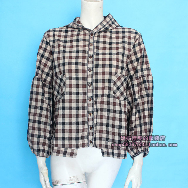 Literary style 773 plus size women's snow blue shirt new hooded top shirt Korean style jacket plaid puff sleeves