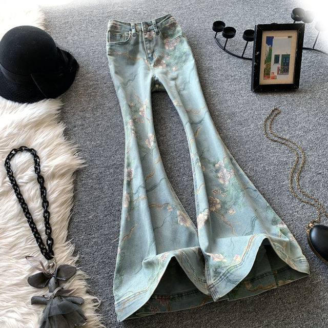 Retro printed big flared jeans for women in spring and autumn 2025 new style high-waisted slim elastic slim trousers
