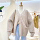 Design buttons lazy v-neck Typhoon solid color loose large size New Year red knitted sweater jacket women's fashion