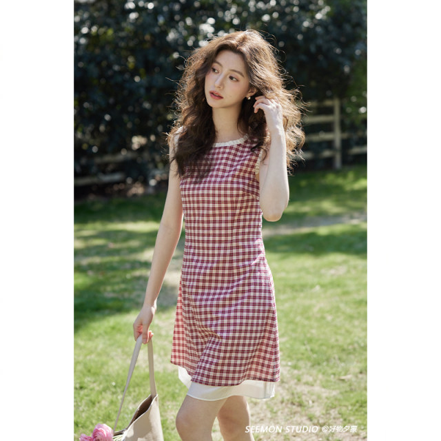 
Ximeng 2025 new summer Korean unique temperament skirt high-end small red plaid dress