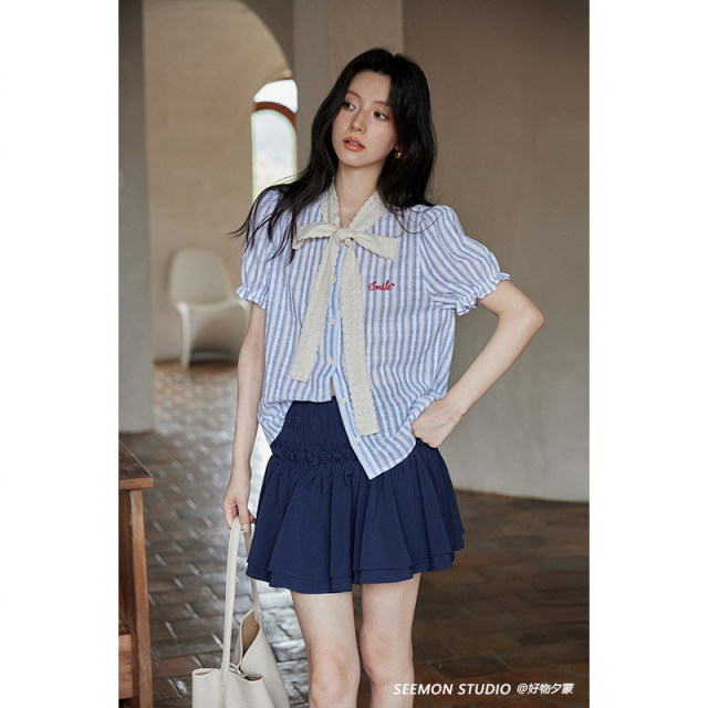 Ximeng 2025 new spring and summer French lace bow puff sleeve striped design niche shirt top for women