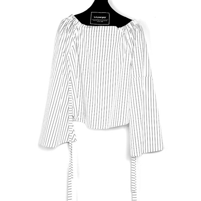 Napajia autumn new women's shirt one-length collar striped design off-shoulder long-sleeved shirt for women's counter genuine
