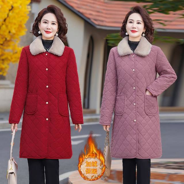 Western-style middle-aged mother's winter cotton-padded coat, mid-length velvet thickened cotton-padded jacket for middle-aged and elderly women, winter casual cotton-padded coat
