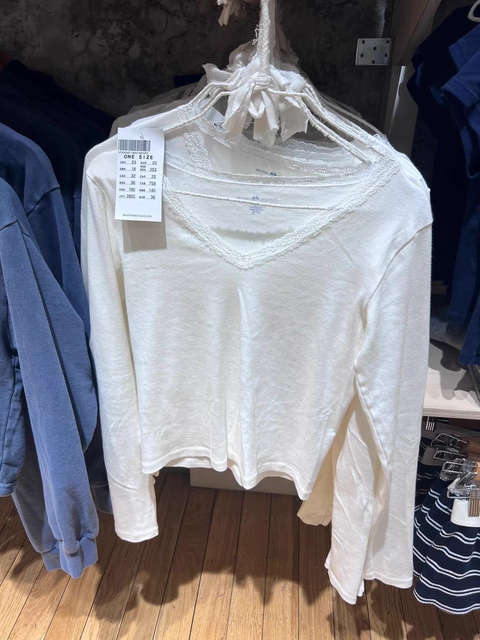BM official website lace V -neck long sleeve T -shirt spring and autumn is full of thin casual solid colors set pure cotton white lady top