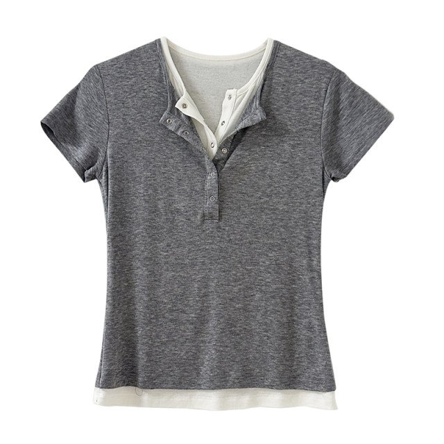 Henry neck retro American Tennis wool fake two-piece skin-friendly short-sleeved T-shirt for women's design inner slim body
