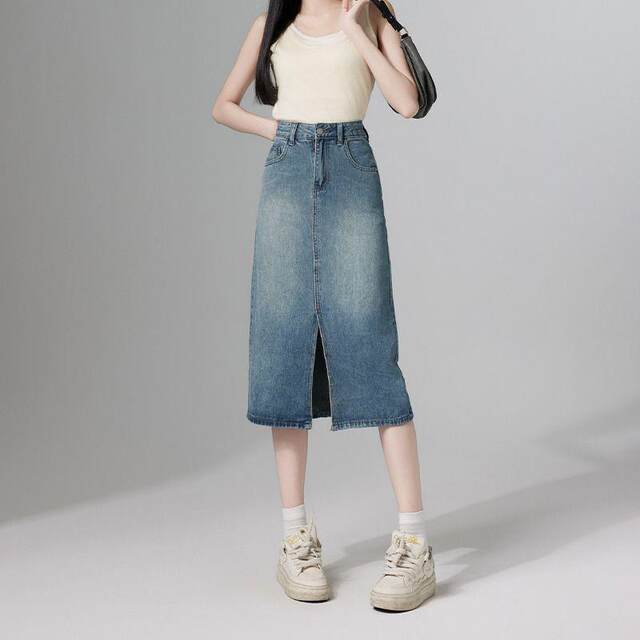 High waist slit denim skirt for women 2024 summer new small a-line skirt retro hip skirt long skirt
