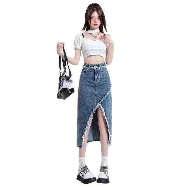
High-waisted irregular slit denim skirt for spring and summer new slim retro fur edge design a-line long skirt