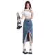 
High-waisted irregular slit denim skirt for spring and summer new slim retro fur edge design a-line long skirt