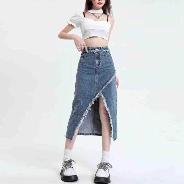
High-waisted irregular slit denim skirt for spring and summer new slim retro fur edge design a-line long skirt