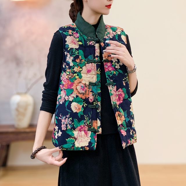 Autumn and winter Northeastern large flower vest printed cotton jacket plate button ethnic style female mother's wear sleeveless coat Tang suit waistcoat