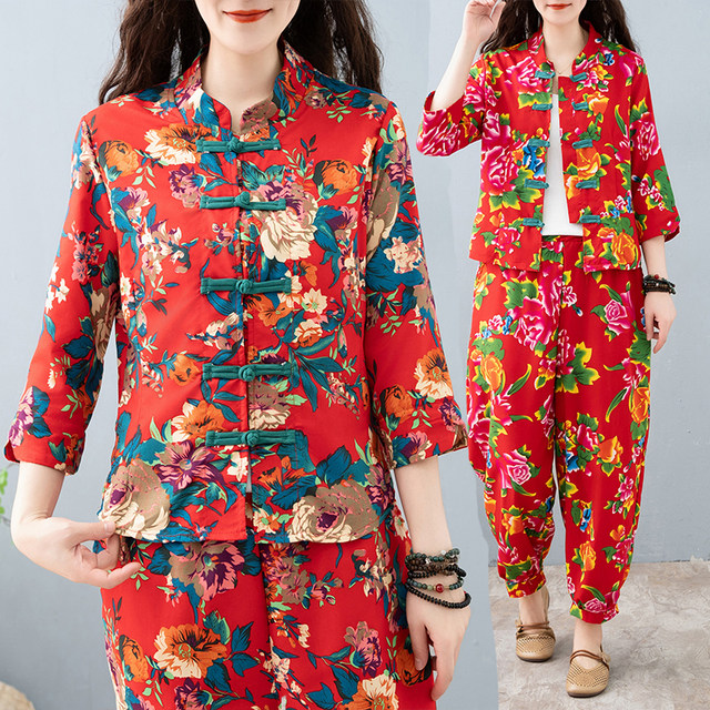 Northeast large flower summer suit fashionable printed shirt short jacket women's bloomers ethnic style cotton and linen two-piece set