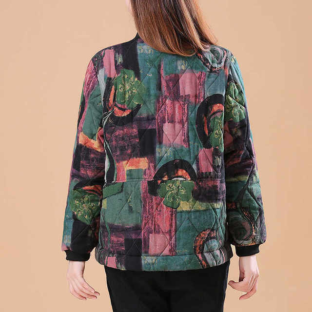 Autumn and winter Middle -aged mother cotton and linen large size foreign qi print cotton coat thin outer jacket female short top national wind cotton jacket