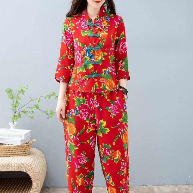 Northeast large flower summer suit fashionable printed shirt short jacket women's bloomers ethnic style cotton and linen two-piece set