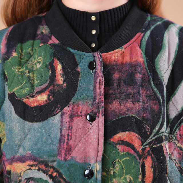 Autumn and winter Middle -aged mother cotton and linen large size foreign qi print cotton coat thin outer jacket female short top national wind cotton jacket