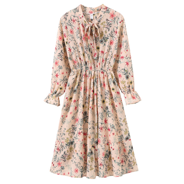 Long-sleeved floral dress for women in spring and autumn 2024 new chiffon skirt retro fresh base long skirt winter