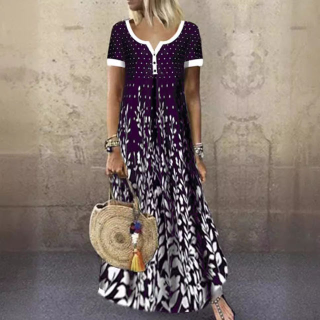Zeyp new model Amazon European and American spring and summer temperament long skirt cotton positioning printed V-neck short-sleeved large-size dress