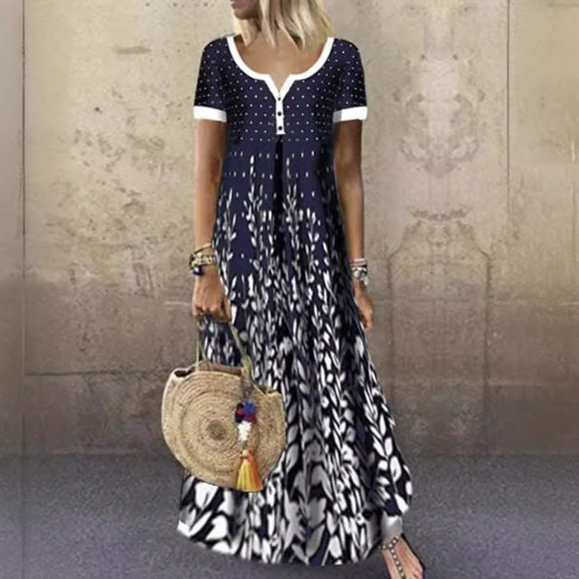 Zeyp new model Amazon European and American spring and summer temperament long skirt cotton positioning printed V-neck short-sleeved large-size dress