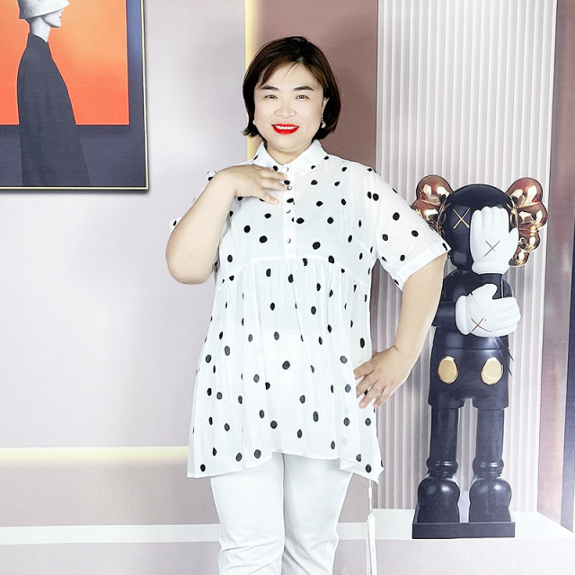 Tianjiao Yishengshui Summer New Polka Dot Shirt Women's Loose Large Size Medium-Length Shirt Short Sleeve Shirt 23222