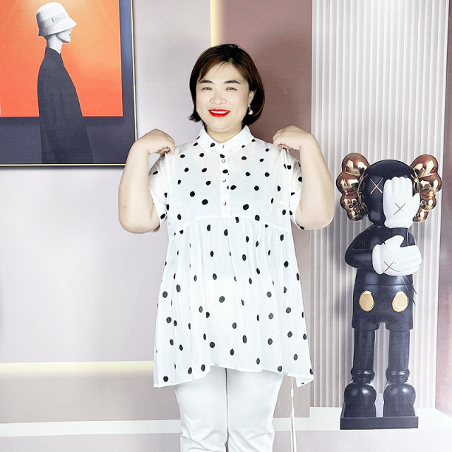 Tianjiao Yishengshui Summer New Polka Dot Shirt Women's Loose Large Size Medium-Length Shirt Short Sleeve Shirt 23222