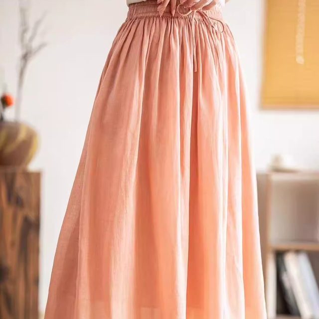 Literary elastic waist versatile double-layer large hem skirt slim and tied A-line ramie skirt for women 2025 summer new style