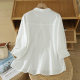 
New 2025 Chinese embroidered cotton and linen shirt for women with 7-quarter sleeves loose large-size stand-up collar shirt light blue white