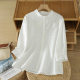 
New 2025 Chinese embroidered cotton and linen shirt for women with 7-quarter sleeves loose large-size stand-up collar shirt light blue white