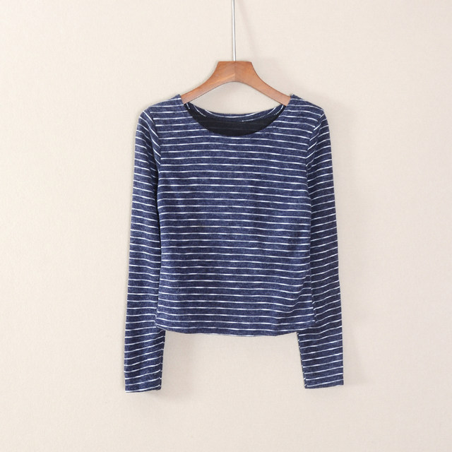 2024 autumn new women's clothing sweet pullover short round neck striped slim long-sleeved sweater to look slim