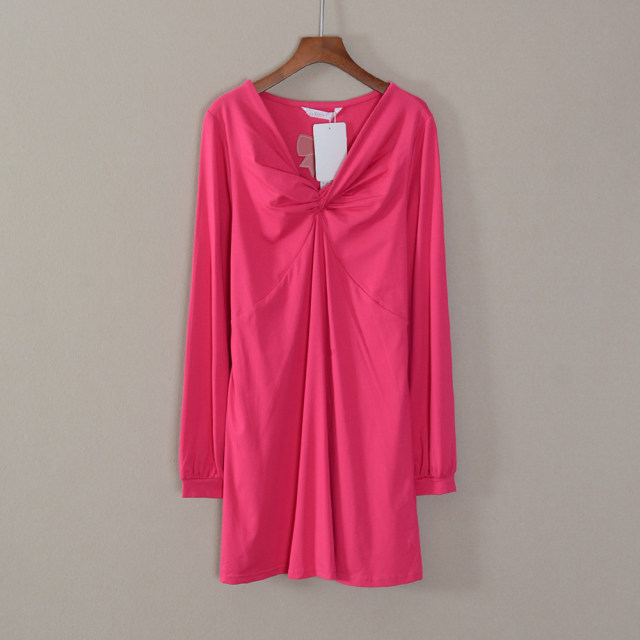 Spring and Autumn new women's long-sleeved V-neck dress Korean midi skirt solid color loose fashionable casual temperament