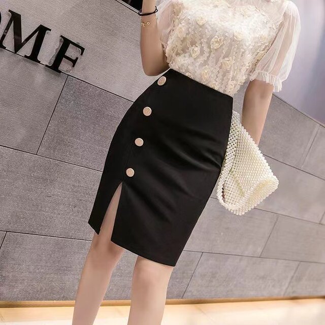 Retro high waist thin and simple button split -to -half skirt new autumn versatile hip skirt solid color slim skirt