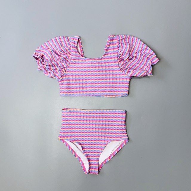 Amber single triangle children's swimsuit puff sleeve split girl's seaside fashionable zipper surfing and playing with water