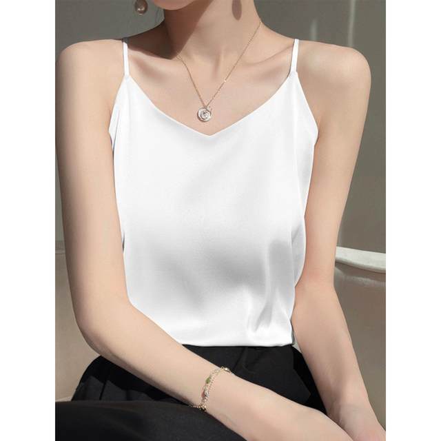 Small suspender vest female white suit 2024 summer new versatile bottom shirt, one word collar satin top
