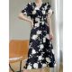 2024 new summer acetate satin V-neck short-sleeved dress for women French high-end temperament belt to slim waist