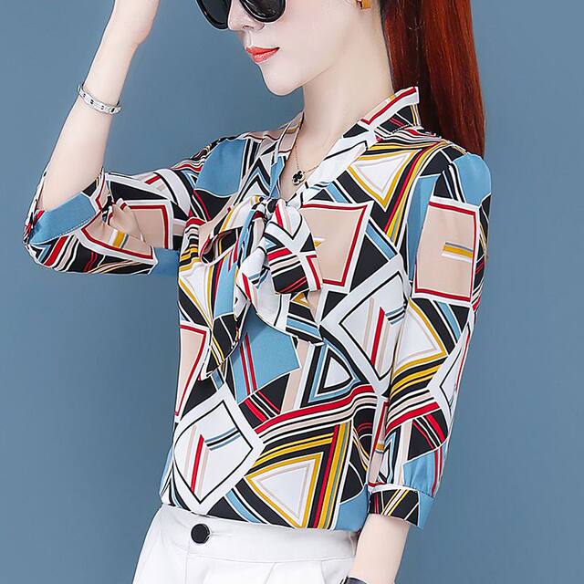 Chiffon bow shirt women's middle sleeve spring and summer 2023 new streamer short-sleeved top mother's printed shirt