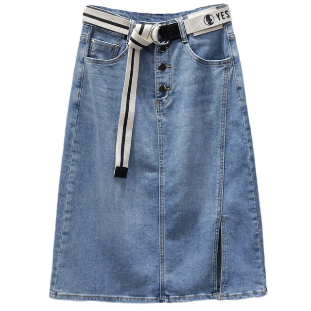 2025 spring and summer mid-length denim skirt for women European products, single-breasted front slit skirt, trendy slim skirt
